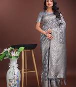 Grey linen cotton woven zari work tassel saree