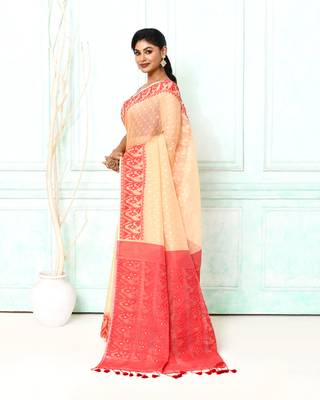 muga red cotton silk blend jamdani saree 1