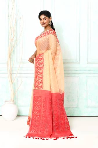 muga red cotton silk blend jamdani saree