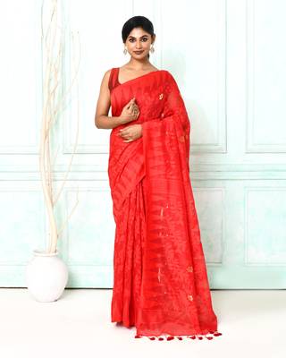 red cotton silk blend jamdani saree 1