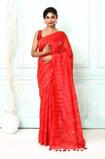 red cotton silk blend jamdani saree