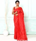 red cotton silk blend jamdani saree