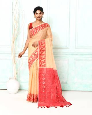 muga red cotton silk blend jamdani saree 2