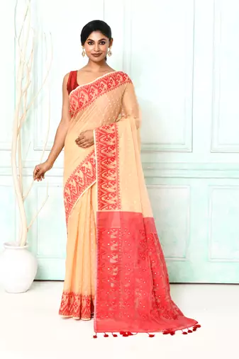 muga red cotton silk blend jamdani saree