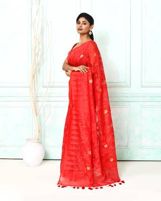 red cotton silk blend jamdani saree 2