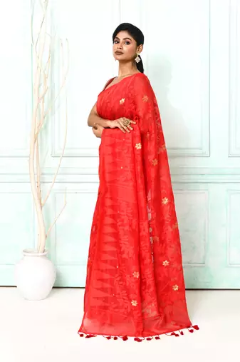 red cotton silk blend jamdani saree