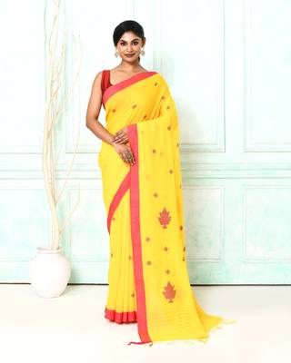 yellow cotton handloom jamdani saree with blouse 1
