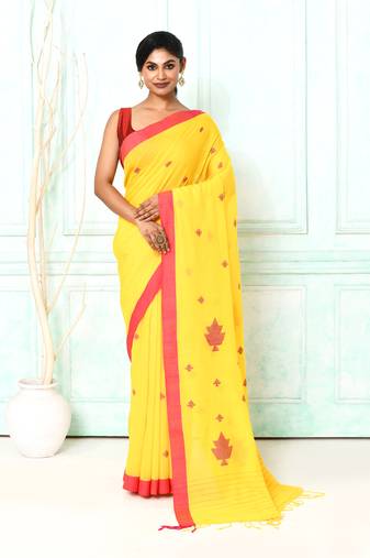 yellow cotton handloom jamdani saree with blouse