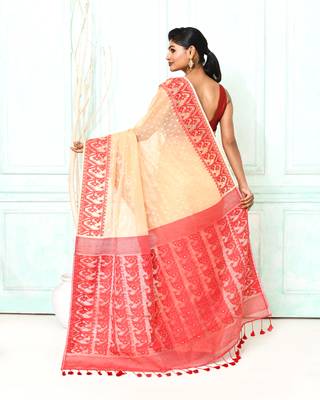 muga red cotton silk blend jamdani saree 3