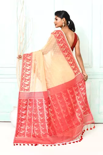 muga red cotton silk blend jamdani saree
