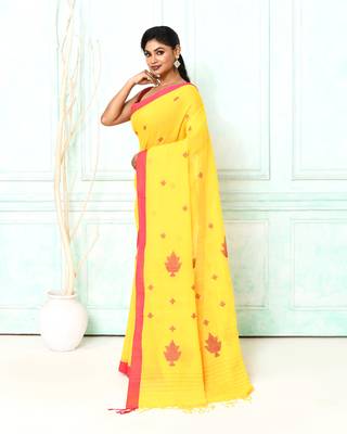 yellow cotton handloom jamdani saree with blouse 2