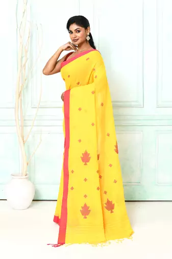 yellow cotton handloom jamdani saree with blouse