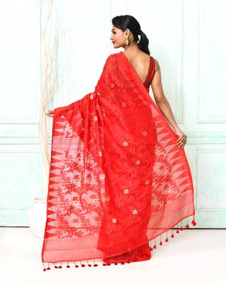 red cotton silk blend jamdani saree 3