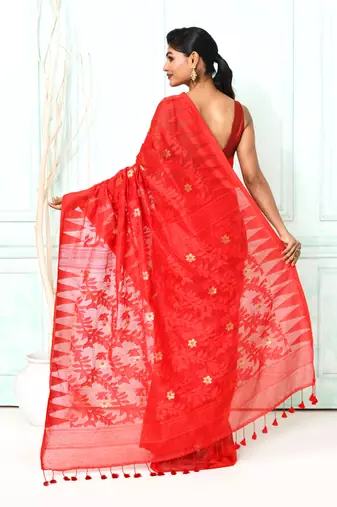 red cotton silk blend jamdani saree