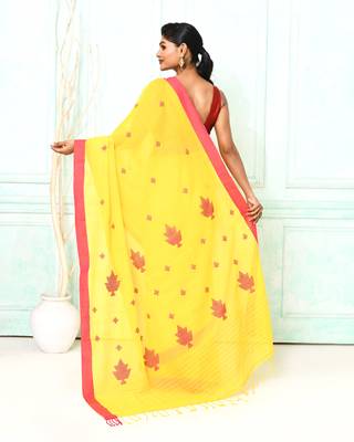 yellow cotton handloom jamdani saree with blouse 3
