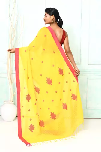yellow cotton handloom jamdani saree with blouse
