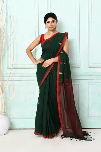 dark green cotton handloom jamdani saree with blouse