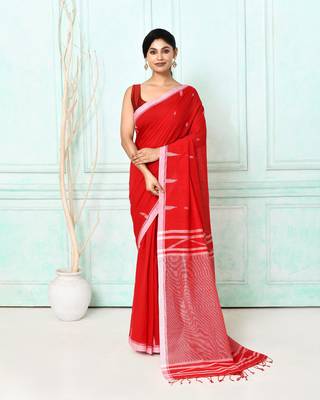 red cotton handloom jamdani saree with blouse 1