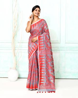 gray red cotton silk blend jamdani saree 1