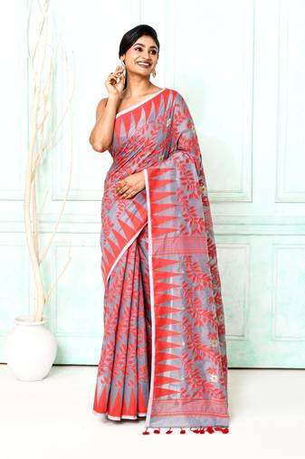 gray red cotton silk blend jamdani saree
