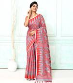 gray red cotton silk blend jamdani saree