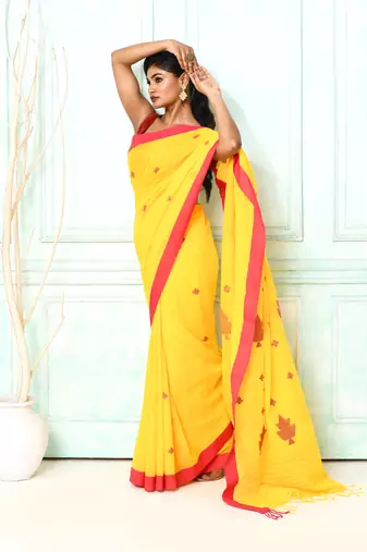 yellow cotton handloom jamdani saree with blouse