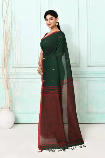dark green cotton handloom jamdani saree with blouse
