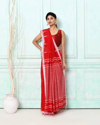 red cotton handloom jamdani saree with blouse 2