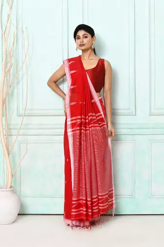 red cotton handloom jamdani saree with blouse