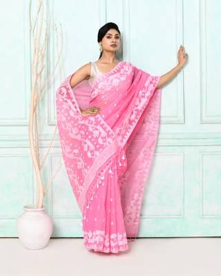 pink cotton silk blend jamdani saree 1