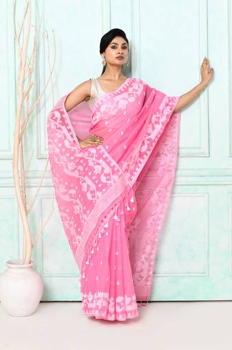 pink cotton silk blend jamdani saree