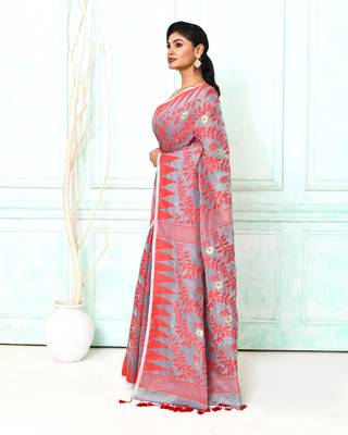 gray red cotton silk blend jamdani saree 2