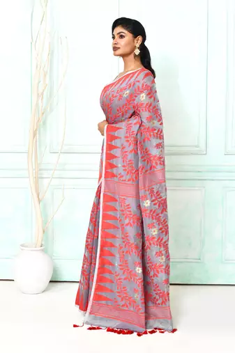 gray red cotton silk blend jamdani saree
