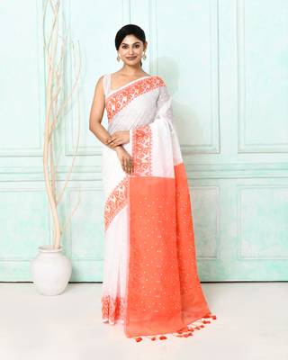 white orange cotton silk blend jamdani saree 1