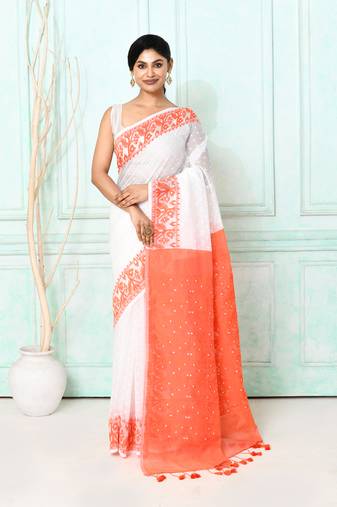 white orange cotton silk blend jamdani saree