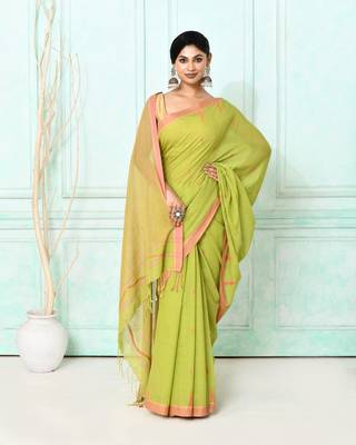 olive cotton handloom jamdani saree with blouse 1