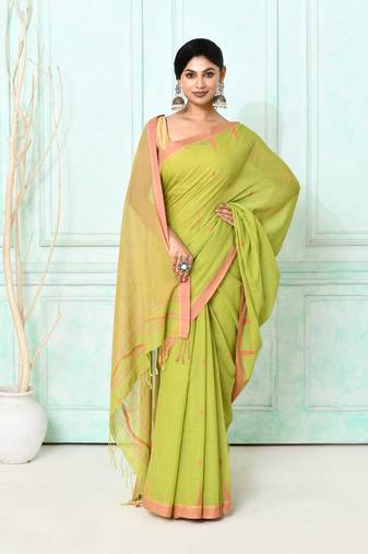 olive cotton handloom jamdani saree with blouse