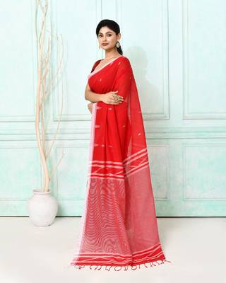 red cotton handloom jamdani saree with blouse 3