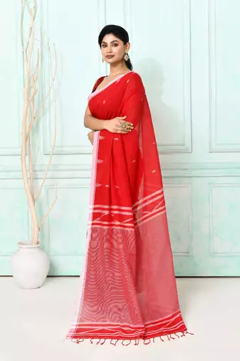 red cotton handloom jamdani saree with blouse