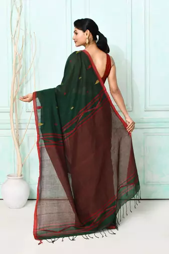 dark green cotton handloom jamdani saree with blouse