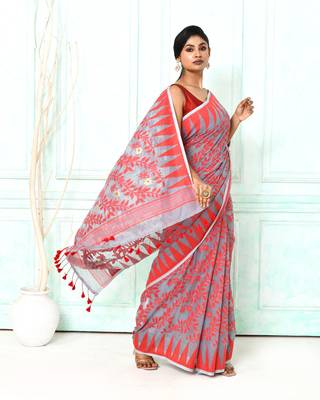 gray red cotton silk blend jamdani saree 3