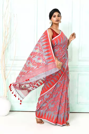 gray red cotton silk blend jamdani saree