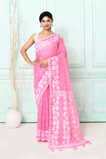 pink cotton silk blend jamdani saree
