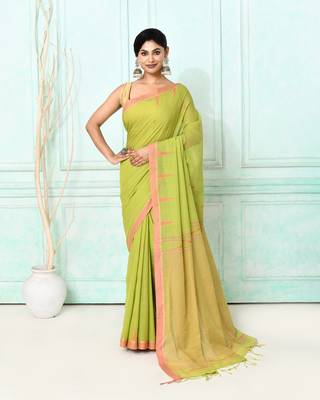 olive cotton handloom jamdani saree with blouse 2