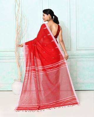 red cotton handloom jamdani saree with blouse 4