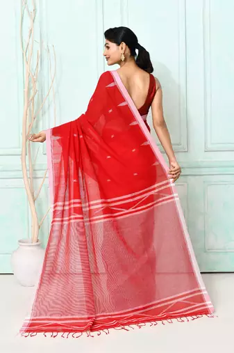 red cotton handloom jamdani saree with blouse
