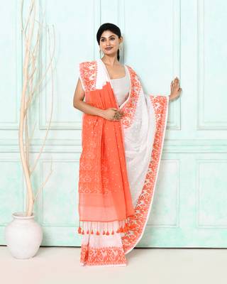 white orange cotton silk blend jamdani saree 2