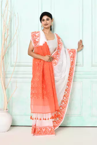 white orange cotton silk blend jamdani saree