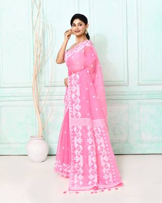 pink cotton silk blend jamdani saree 3