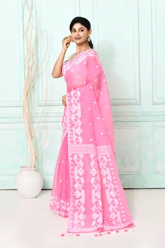 pink cotton silk blend jamdani saree